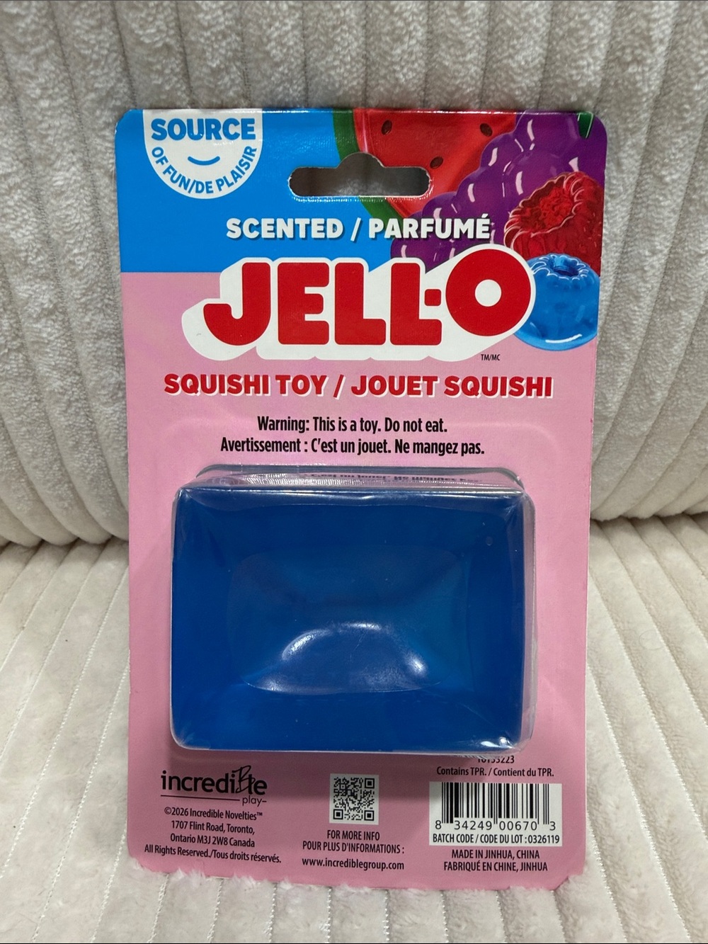 Jell-O Blue Raspberry Scented Soft Jelly Squishy Toy -New in sealed packaging.